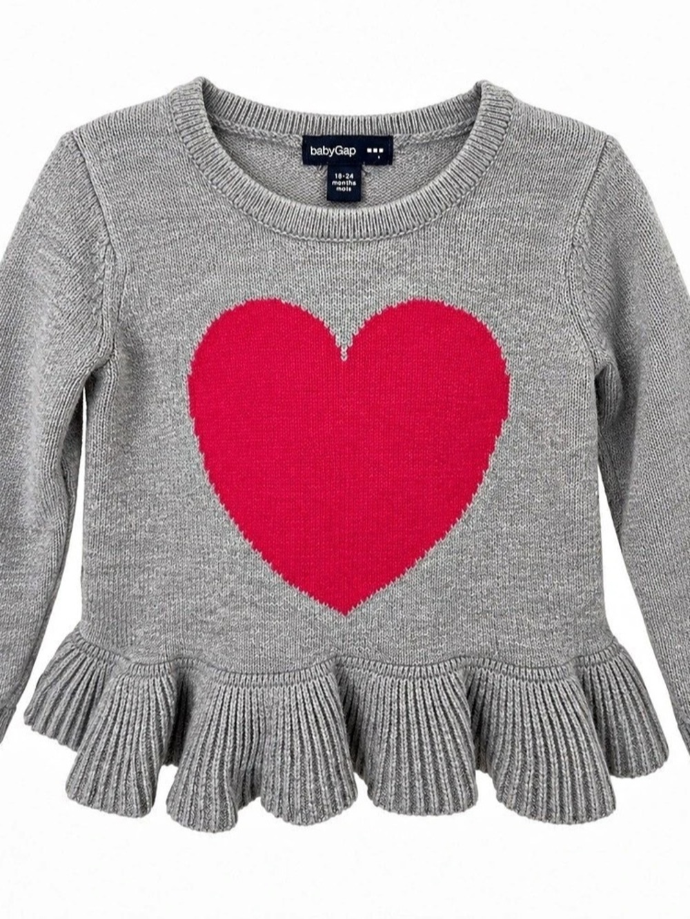 BabyGap Pink Heart Ruffle Peplum Knit Sweater Grey 18-24M LIKE NEW